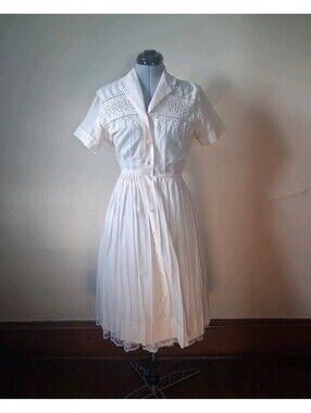 1950s Shirtwaist Dress, Elegant Embroidered Sheer Cotton New Look Day Dress Sz S